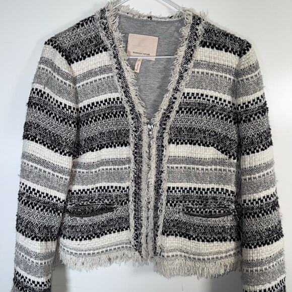 Rebecca Taylor Size 6 Fringe Tweed Jacket Black Gray White Bouclé Blazer cotton - Picture 4 of 13
